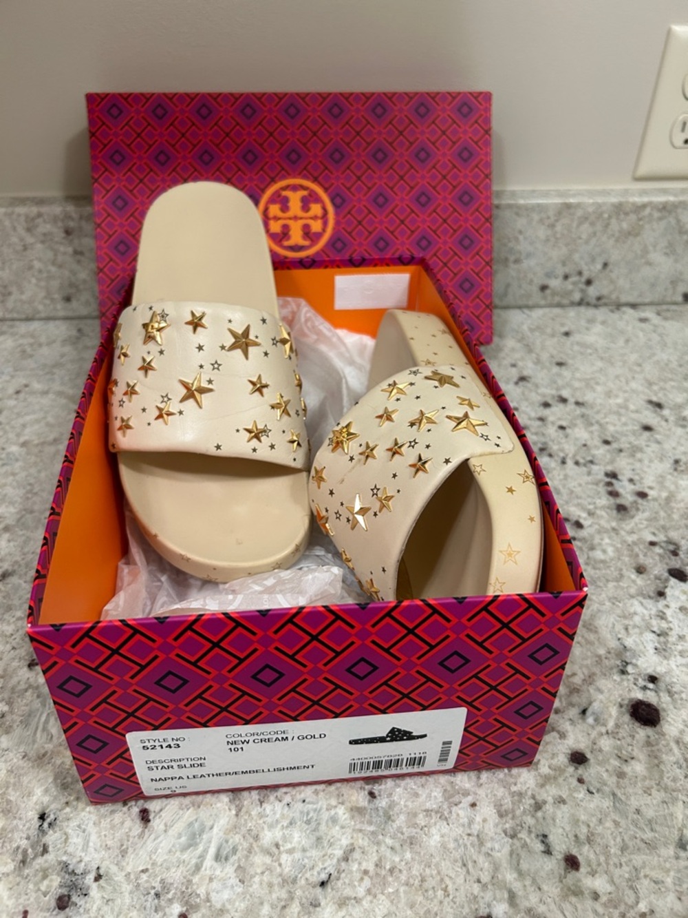 Tory Burch Cream Leather Slide Sandals with Gold Star Embellishments